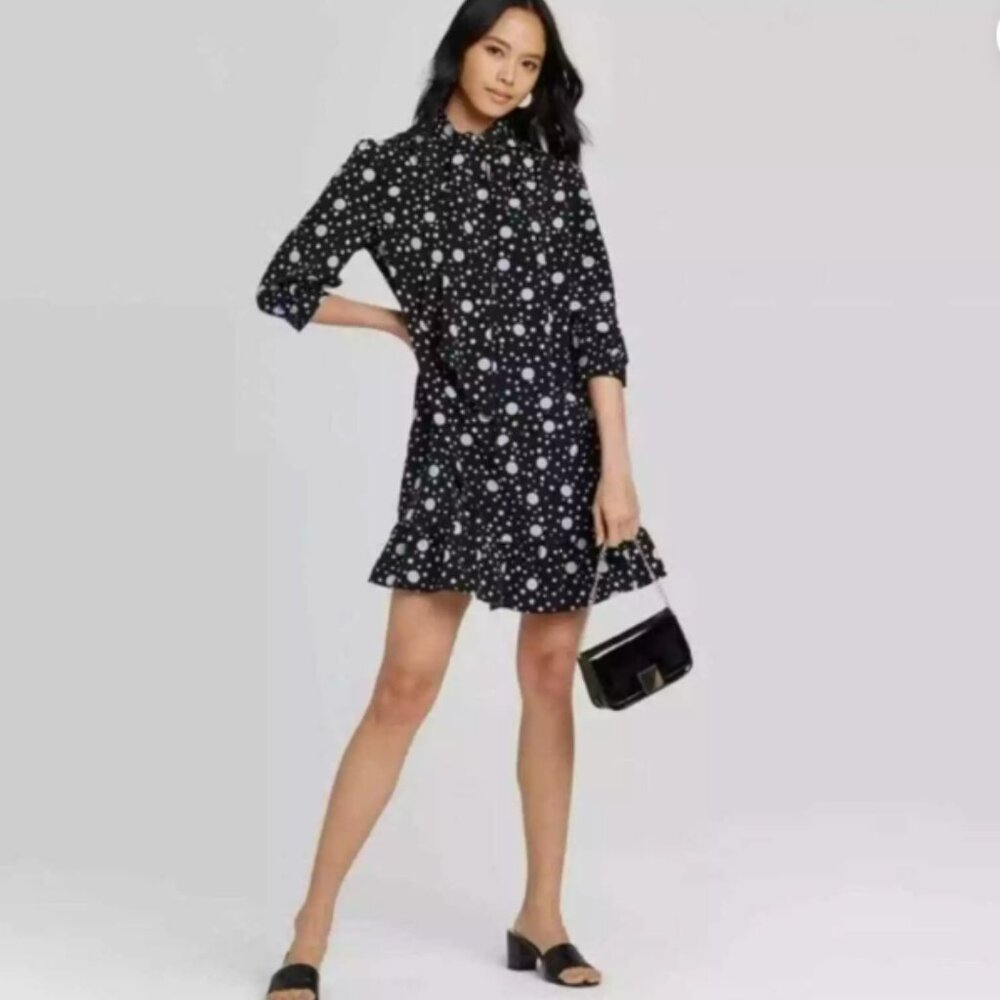 Who What Wear Black & Light Blue 3/4 Sleeves Polka Dot‎ Dress NWT XL